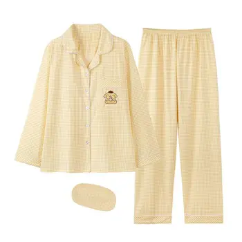 Пижама Sanrio в клетку Cinnamoroll для женщин, весна и осень, чистый хлопок, осенняя студенческая домашняя одежда с длинными рукавами, комплект из двух предметов