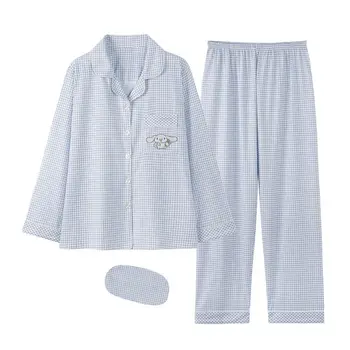 Пижама Sanrio в клетку Cinnamoroll для женщин, весна и осень, чистый хлопок, осенняя студенческая домашняя одежда с длинными рукавами, комплект из двух предметов Изображение 2