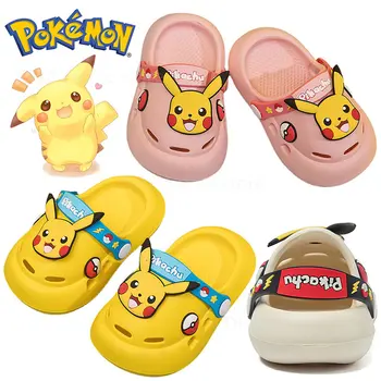 Детские летние тапочки Crocs с покемоном Пикачу, милые анимационные мальчики и девочки, нескользящие сандалии для ванной комнаты, детская пляжная домашняя обувь