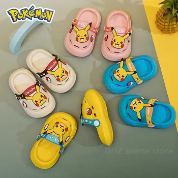 Детские летние тапочки Crocs с покемоном Пикачу, милые анимационные мальчики и девочки, нескользящие сандалии для ванной комнаты, детская пляжная домашняя обувь Изображение 2