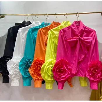 Кавайный дизайн, рубашка сладкого карамельного цвета, топ 2024, весна и осень, объемные цветы, свободная женская блузка с пузырчатым длинным рукавом. Изображение 2