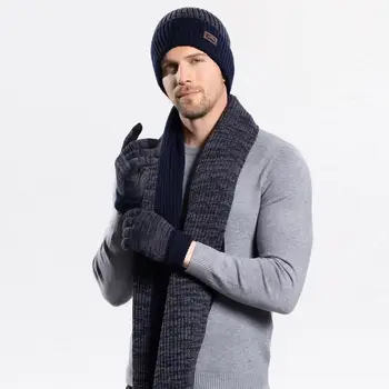 Комплект одежды, шапка, шарф, перчатки, Ультратолстая зимняя теплая шапка-бини с флисовой подкладкой, перчатки, шарф, комплект, супер мягкий ветрозащитный длинный для мужчин