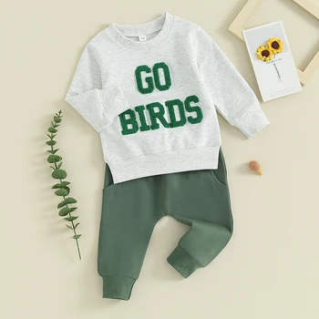 Осенне-зимняя одежда для маленьких мальчиков и девочек, толстовка с пушистой вышивкой Go Birds, Топ и Брюки, одежда для футбольного матча