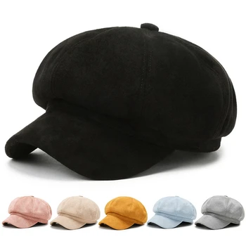 Однотонная Корейская версия Защита от солнца Женская кепка с козырьком Весенне-осенний оттенок Уличная шляпа художника, шляпа газетчика