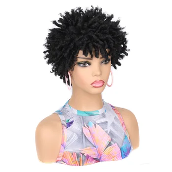 Короткие парики с дредами для чернокожих женщин, короткие афро-кудрявые парики с челкой, африканские парики из синтетического волокна. Изображение 2