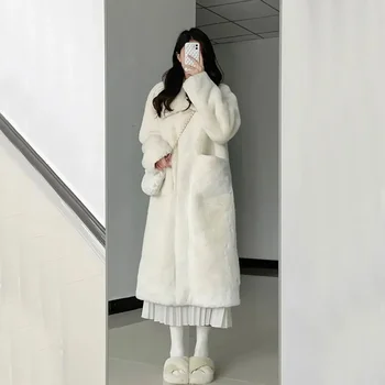 Осень-зима, теплое пальто миди из искусственного меха, женская модная Корейская повседневная куртка с карманом на лацкане, Однотонная элегантная универсальная длинная верхняя одежда