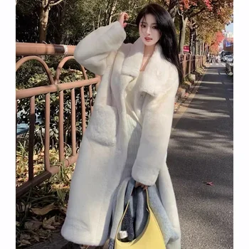 Осень-зима, теплое пальто миди из искусственного меха, женская модная Корейская повседневная куртка с карманом на лацкане, Однотонная элегантная универсальная длинная верхняя одежда Изображение 2