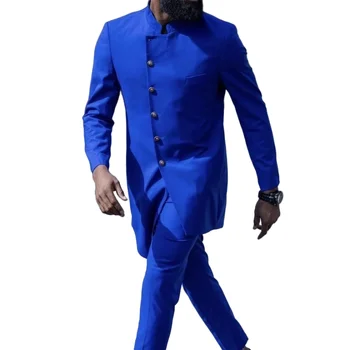 Длинное пальто с воротником-стойкой королевского синего цвета, мужские костюмы с косыми пуговицами, блейзер с брюками, комплекты из 2 предметов, повседневный костюм Homme