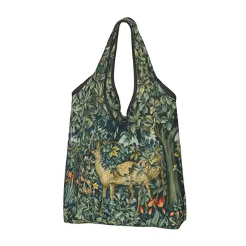 Изготовленные на заказ сумки для покупок с оленями Уильяма Морриса и птицами в лесу, женские портативные Большие сумки для покупок с цветами и животными