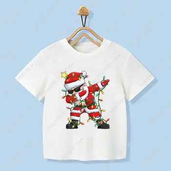 Протирание Санта-Рождественская футболка Санта-Клаус с подсветкой, одежда для детей, рубашка для мальчиков, футболка для девочек, одежда для вечеринок, Детская одежда Изображение 2