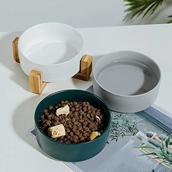 Керамическая круглая миска для собак и кошек с деревянной подставкой, прочная миска для кормления домашних животных, миска с подставкой, набор миск для кормления