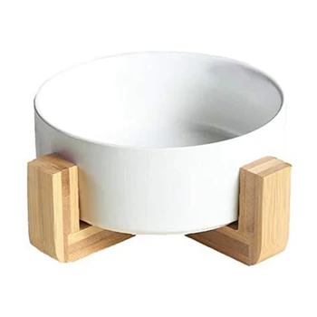 Керамическая круглая миска для собак и кошек с деревянной подставкой, прочная миска для кормления домашних животных, миска с подставкой, набор миск для кормления Изображение 2