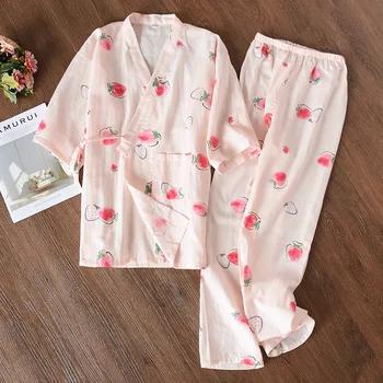 Женская хлопчатобумажная пижама Весна Лето осень, длинные брюки со средними рукавами, комплект Японского кимоно, пижама с принтом, домашняя одежда для сна, домашняя одежда Изображение 2