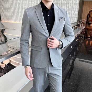 Новый мужской (Блейзер + брюки) модный корейский вариант свадебного британского приталенного свадебного блейзера жениха, однотонный комплект из двух предметов