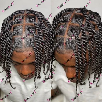 Человеческие волосы, скрученные косички, полностью поликожный протез, капиллярная система для африканских черных мужчин, парик с косами, две скрученные пряди