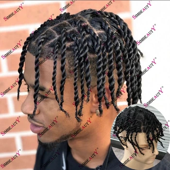 Человеческие волосы, скрученные косички, полностью поликожный протез, капиллярная система для африканских черных мужчин, парик с косами, две скрученные пряди Изображение 2