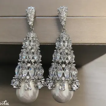 Серьги в стиле барокко из хрустального прозрачного кубического циркония и белого жемчуга двухцветного серебра для женщин