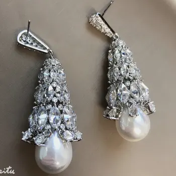 Серьги в стиле барокко из хрустального прозрачного кубического циркония и белого жемчуга двухцветного серебра для женщин Изображение 2