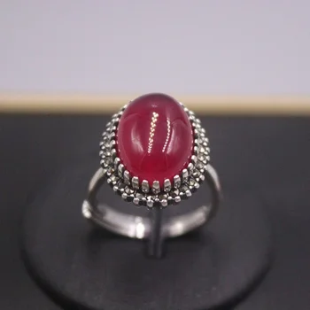 Настоящее твердое кольцо из стерлингового серебра 925 пробы для мужчин и женщин, подарок, кружево в счастливую полоску, Овальное кольцо из красного корунда