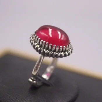 Настоящее твердое кольцо из стерлингового серебра 925 пробы для мужчин и женщин, подарок, кружево в счастливую полоску, Овальное кольцо из красного корунда Изображение 2