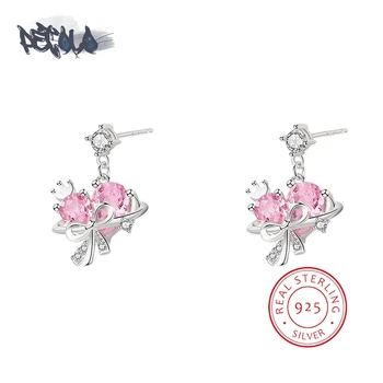 Роскошные женские серьги из стерлингового серебра 925 пробы, модные серьги-бантики в форме любви, Блестящий Розовый циркон, ювелирный подарок на годовщину
