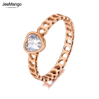 JeeMango Модное кольцо для вечеринок из титана, нержавеющей стали, CZ Crystal Love Heart, Обручальные кольца из розового золота для женщин, девочек JR20064