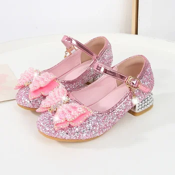 Детская кожаная обувь с блестками и бантом, модные туфли для девочек, принцессы на высоких каблуках, Свадебные блестящие детские универсальные туфли-лодочки