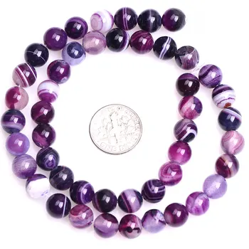 Круглые Агатовые бусины в фиолетовую полоску для изготовления ювелирных изделий, 15-дюймовый браслет 