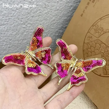 Большие серьги-гвоздики HUANZHI, сплетенные из розовых блесток, в форме бабочки и животного для женщин и девочек, ювелирные изделия из преувеличенного сплава 2023, Летняя новинка