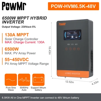 PowMr 6.5KW 48V Гибридный Солнечный Инвертор С Wifi 230VAC MPPT 130A Контроллер Зарядного Устройства Макс PV 450VDC Вход 6.25 Дюймовый ЖКЭкран Изображение 2