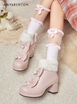 Туфли на каблуке в стиле Лолиты, зимние новые японские туфли на высоком каблуке с милым бантом, женские элегантные туфли принцессы на платформе, кожаные туфли Kawaii Girl Изображение 2