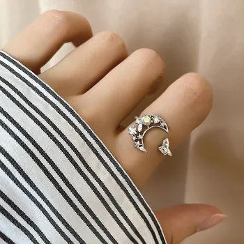 Модное кольцо на палец Серебристого цвета с Кошачьей Луной, Кольца с лунным камнем Для женщин, украшения для свадебной вечеринки, блеск Хрусталя, Открывающийся металл, анилло