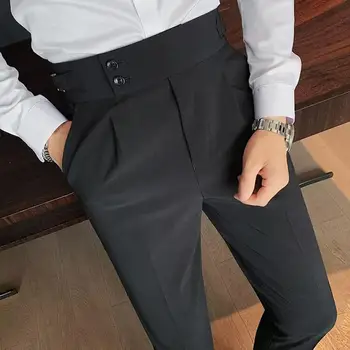 Мужские брюки, классические мужские офисные брюки, приталенный крой, высокая талия, винтажные карманы для официального делового стиля, брюки с металлической отделкой на пуговицах