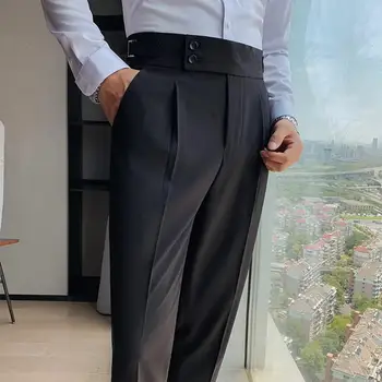 Мужские брюки, классические мужские офисные брюки, приталенный крой, высокая талия, винтажные карманы для официального делового стиля, брюки с металлической отделкой на пуговицах Изображение 2