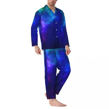 Пижамы Galaxy Nebula, весенние синие и фиолетовые Повседневные Свободные Пижамные комплекты большого размера, мужские Ночные пижамы с длинным рукавом и рисунком