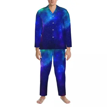 Пижамы Galaxy Nebula, весенние синие и фиолетовые Повседневные Свободные Пижамные комплекты большого размера, мужские Ночные пижамы с длинным рукавом и рисунком Изображение 2