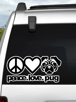 Peace Love Pug Интересные Автомобильные наклейки, Виниловая наклейка на мотоцикл, Водонепроницаемое лобовое стекло, Автоаксессуары # S90295 Изображение 2
