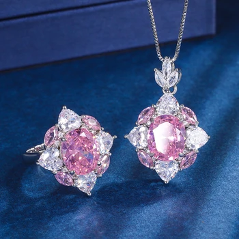 EYIKA Роскошное Желто-розовое ожерелье с подвеской в виде цветка Циркона и колец для женщин, Элегантный набор ювелирных украшений для свадебной вечеринки