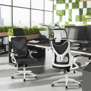 Офисное кресло из эргономичной сетки с высокой спинкой и регулируемым мягким подголовником, белое / черное Изображение 2