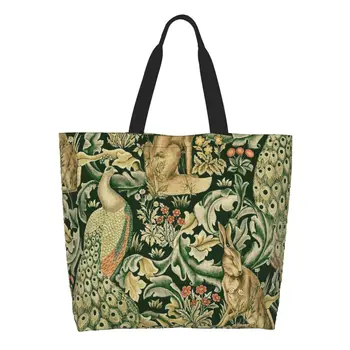 Сумка для покупок с павлинами и лисами от William Morris, холщовая сумка для покупок с принтом, сумка-тоут через плечо, большая вместительная сумка с рисунком