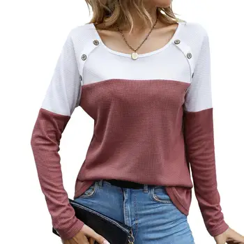 Женская трикотажная футболка с цветными блоками, вязаный мягкий пуловер с длинным рукавом и круглым вырезом, стильный женский топ на пуговицах для ежедневных поездок на работу Изображение 2