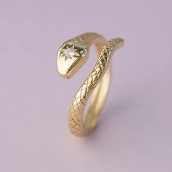 Индивидуальное золотое кольцо в виде змеи, инкрустированное белым кристаллом циркона, кольцо для коктейльной вечеринки, женское кольцо, модное обручальное кольцо, ювелирные изделия Изображение 2