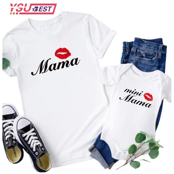 Одежда для мамы и меня, модный семейный образ, мини-футболка для мамы, красные губы, одинаковые комплекты для семьи, одежда для мамы и дочки