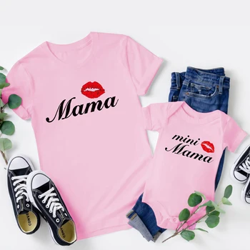 Одежда для мамы и меня, модный семейный образ, мини-футболка для мамы, красные губы, одинаковые комплекты для семьи, одежда для мамы и дочки Изображение 2