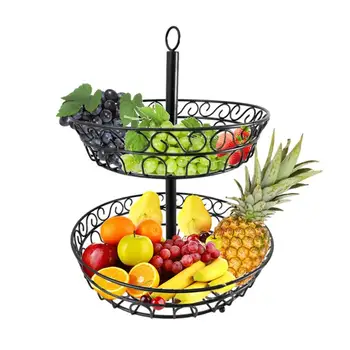 Двухъярусная корзина для фруктов, Металлическая Съемная корзина с возможностью поворота на 360 градусов, Многоразовая Корзина для хранения овощей, хлеба, Черная чаша для