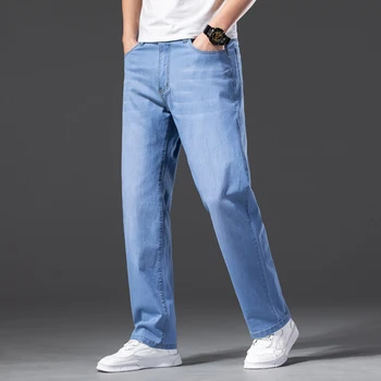 Мужские джинсы Классические Летние хлопчатобумажные прямые стрейчевые брендовые джинсовые брюки комбинезон Светло-голубые Облегающие брюки 40 42 44 46 Изображение 2