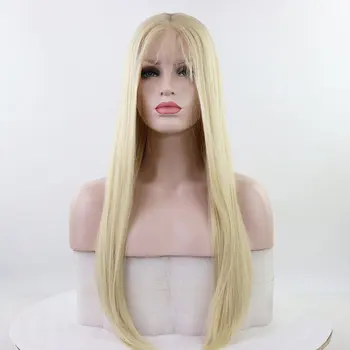 Потрясающий прямой синтетический парик на кружеве размером 13Х4 см с медовой блондинкой, высококачественные волосы из термостойкого волокна для ежедневного использования модными женщинами Изображение 2
