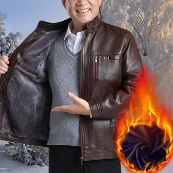 Мужская куртка из искусственной кожи со стоячим воротником на молнии, верхняя одежда с ветрозащитными плюшевыми карманами, пальто для мужчин среднего возраста с длинным рукавом для отца