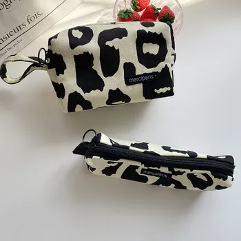 Леопардовая косметичка в японском стиле, женские холщовые сумки, кошелек-органайзер, пенал, сумка для губной помады, косметички, женская леопардовая сумка Изображение 2