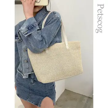 2023 Летняя пляжная соломенная женская сумка-тоут большой емкости, женская однотонная сумка через плечо, повседневная женская сумочка, сумки